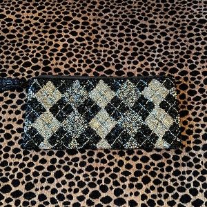 Fantastic Beaded Moyna Wristlet in Black and Silver Argyle.